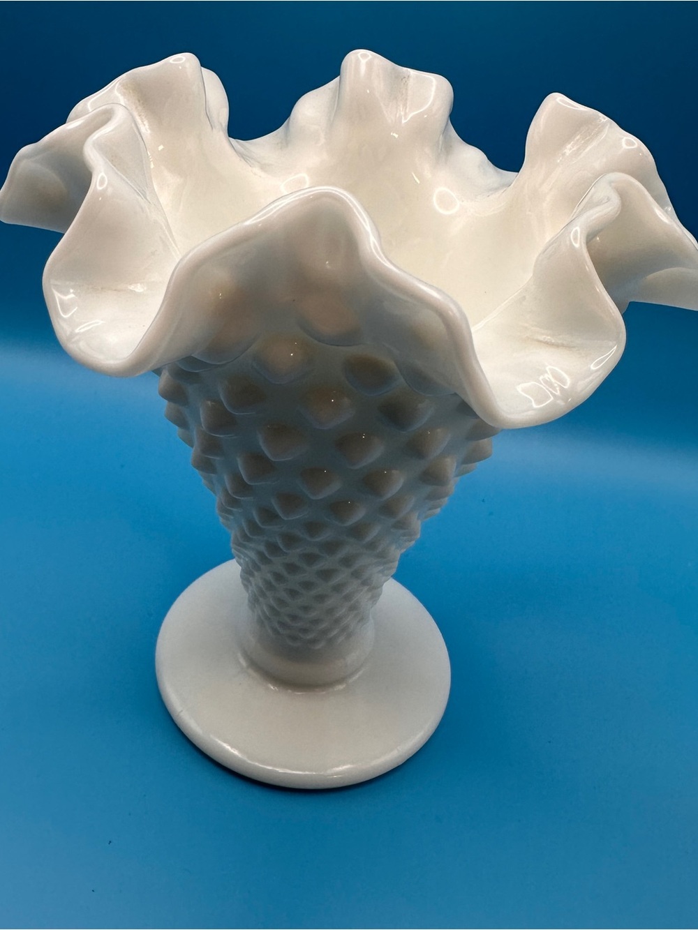 Vintage Fenton Ruffle Hobnail Milk Glass Vase